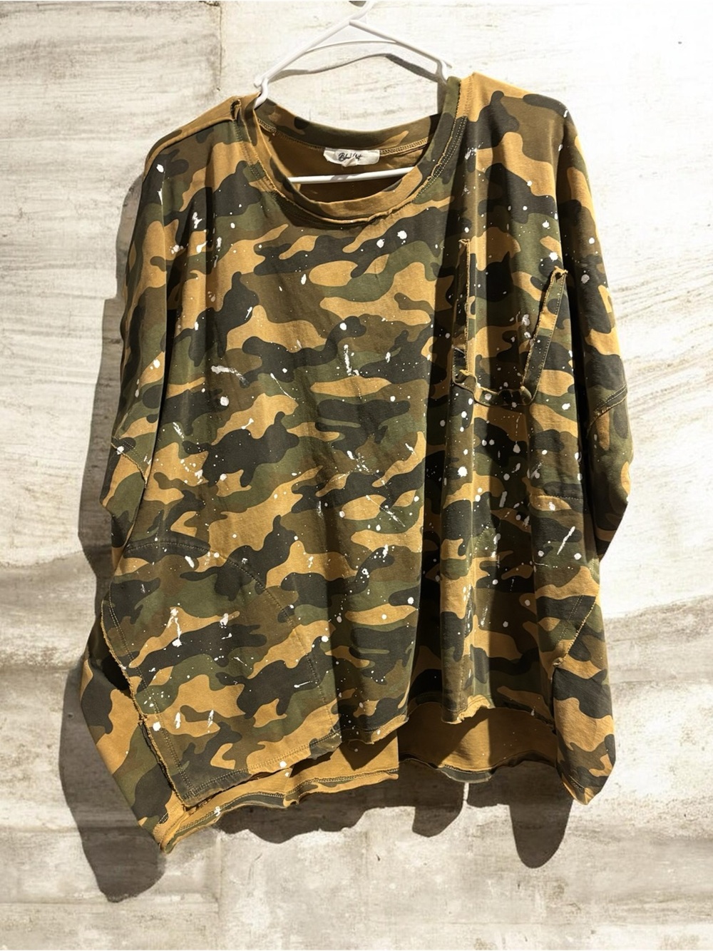 Camouflage Short Sleeve Tee with Pockets & Paint Splatter - Olive/Khaki